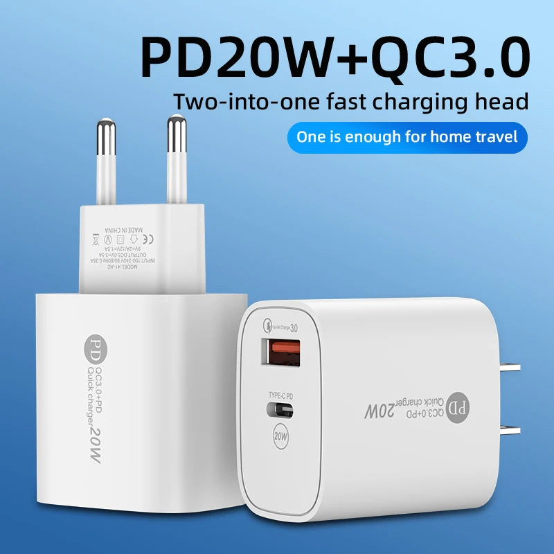 PD20W USB C Quick Charger Dual Port Wall Charger QC3.0 Fast Charging Adapter for Iphone Xiaomi Samsung Huawei EU/US Plug Charger