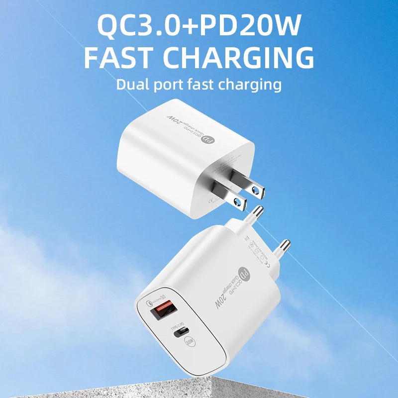 PD20W USB C Quick Charger Dual Port Wall Charger QC3.0 Fast Charging Adapter for Iphone Xiaomi Samsung Huawei EU/US Plug Charger