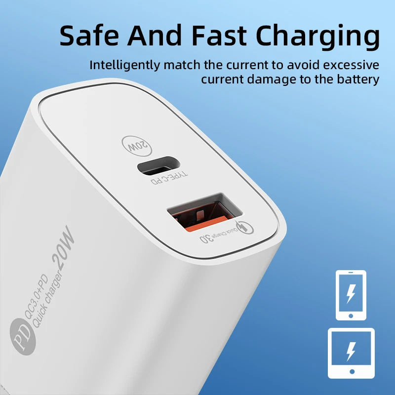 PD20W USB C Quick Charger Dual Port Wall Charger QC3.0 Fast Charging Adapter for Iphone Xiaomi Samsung Huawei EU/US Plug Charger